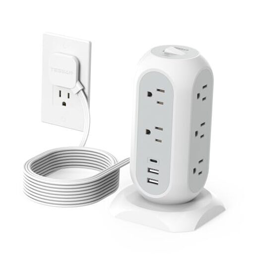 Surge Protector Power Strip Tower 10 Ft,  Flat Plug Extension 10 Feet White-image