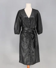 NWT House of Harlow 1960 $189 Belted Faux Leather Black V-Neck Midi Dress M