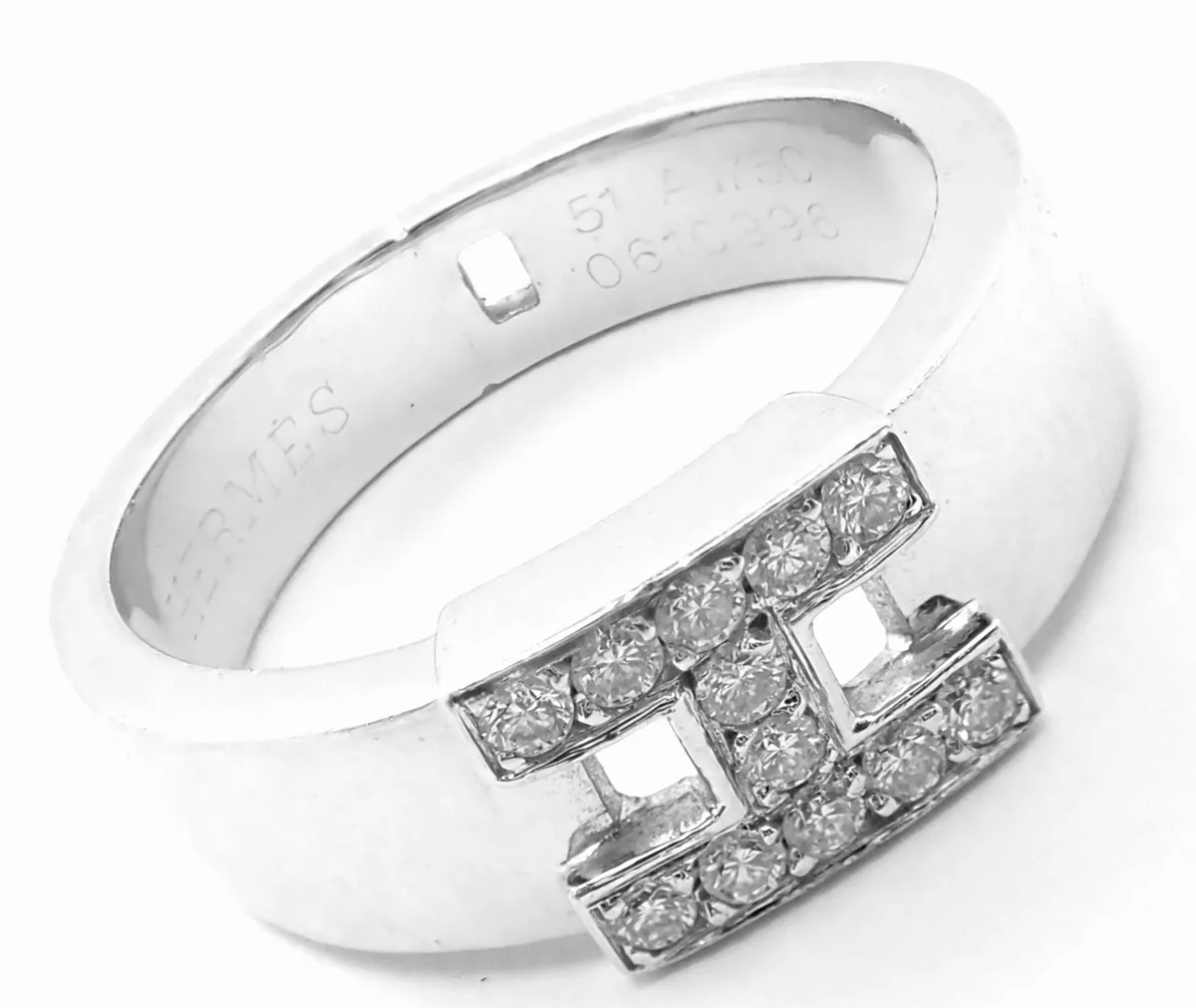 Authentic! Hermes 18k White Gold Diamond H Band Ring | eBay