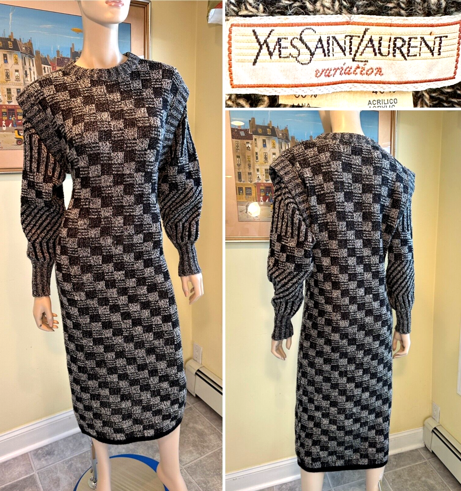 SAINT LAURENT Abito tubino vintage anni 80 YVES ST. LAURENT medio grigio nero elasticizzato lana maglia