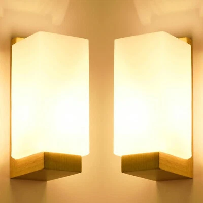 2pcs Wooden Wall Light Indoor Wall Lamp with Glass Lampshade E27 Hallway Stairs - Image 1 of 4