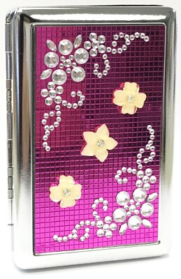 Eclipse Pink Crystal Flower Design Crushproof Metal Cigarette Case Wallet, 100s