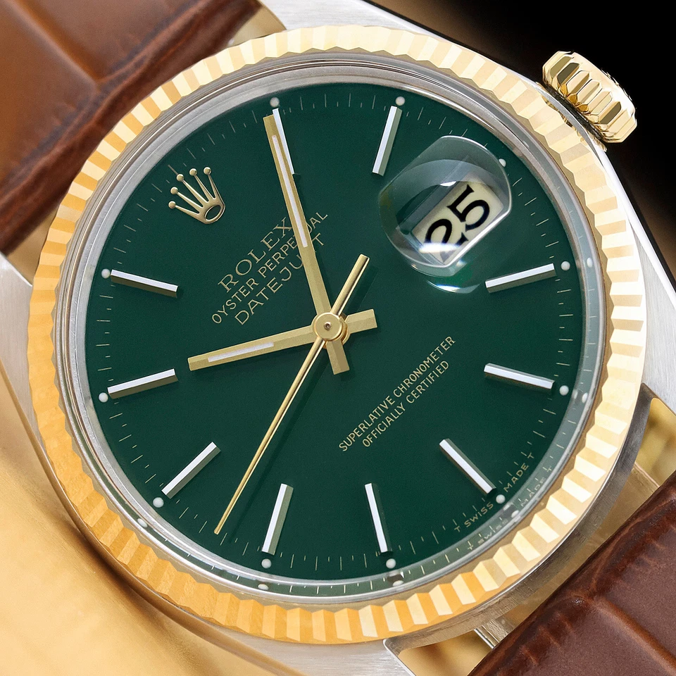 ROLEX MENS DATEJUST 16013 GREEN DIAL 18K GOLD STEEL WATCH w/ BROWN LEATHER BAND