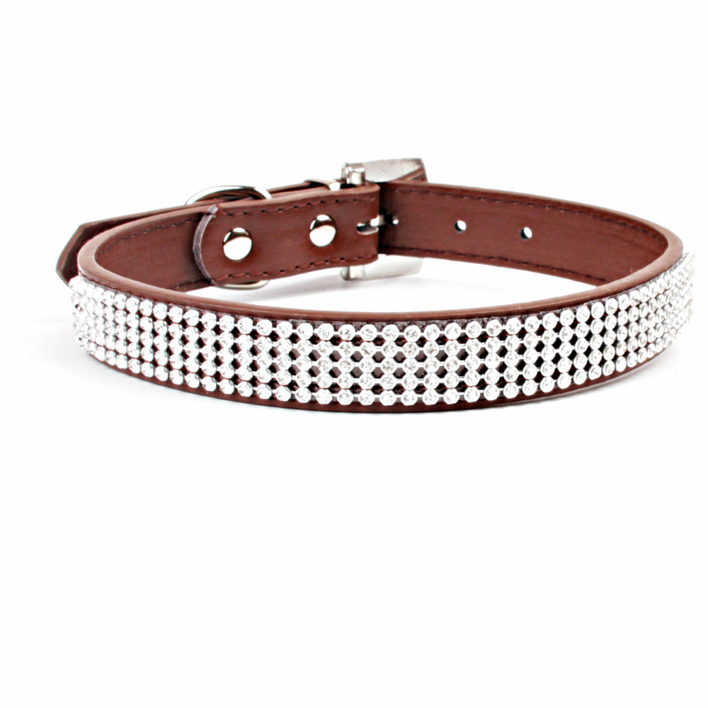 Dog Collar Diamante Rhinestone PU Leather 5 Row Dogs Cats Puppy Collar