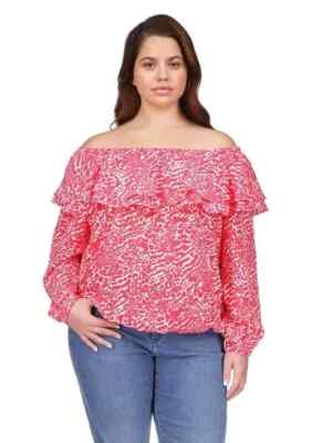 Michael Kors Womens Plus Size 2X Pink Ocelot Ruffle Top NEW