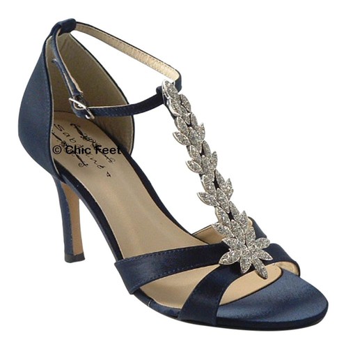 NEW LADIES NAVY BLUE WEDDING BRIDAL PROM T BAR DIAMANTE MID HEEL SHOES  SANDALS | eBay