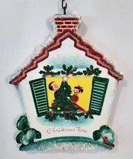 Mr & Mrs IN SNOWY HOUSE, DECORATING TREE * Glitter CHRISTMAS ORNAMENT * Vtg Img 