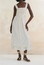 Zara Polka Dot cream black Print Medium Midi dress featuring a straight neckline