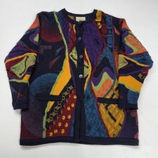 Vtg Aklanda 3D Knit Merino Wool Mens Cardigan Sweater S Multicolor Coogi Style