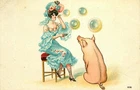 Postcard Woman Blows Bubbles at Pig - circa 1908
