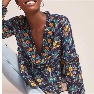Meadow Rue Anthropologie Strasser Floral Embroidered Peasant Blouse Navy Large