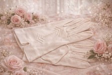 Vintage 1950s White Nylon Dress Gloves Chevron Embroidered Back