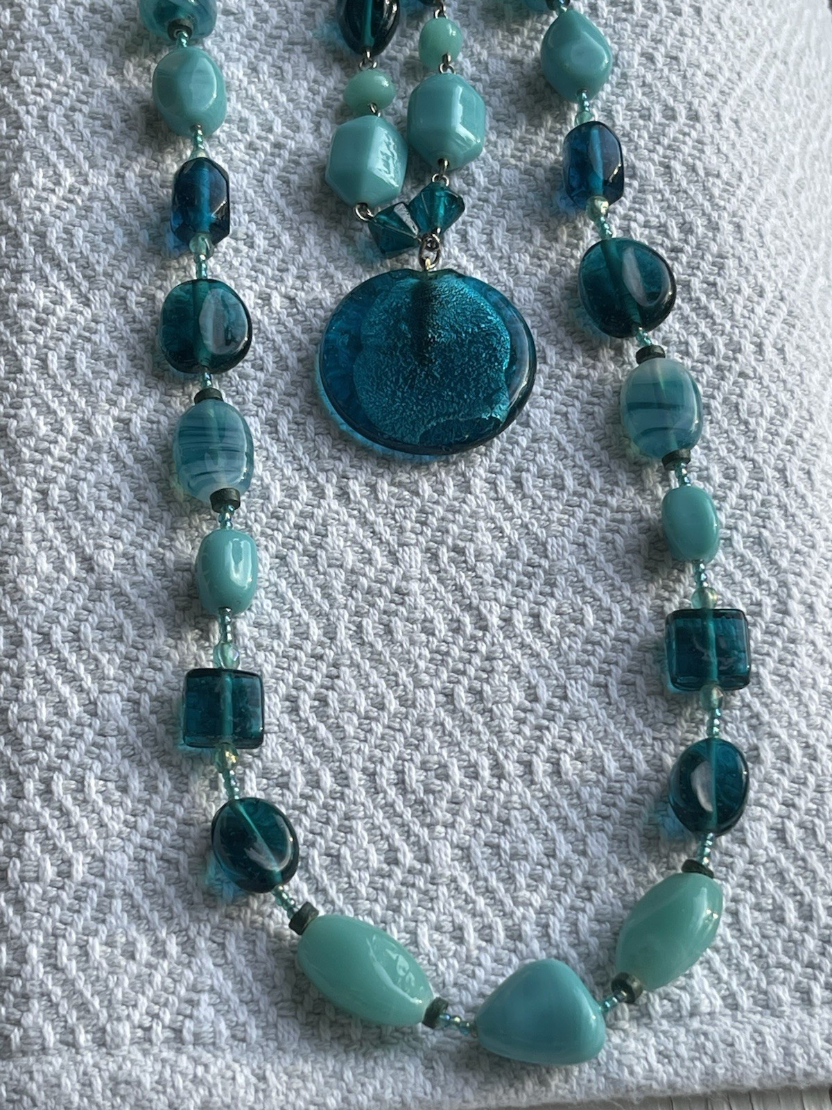 Two Art Glass Murano Style Beaded Necklaces Teal Tone