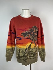 Vintage 80s Women chunky knit red orange Giraffe Safari Print crewneck Sweater S
