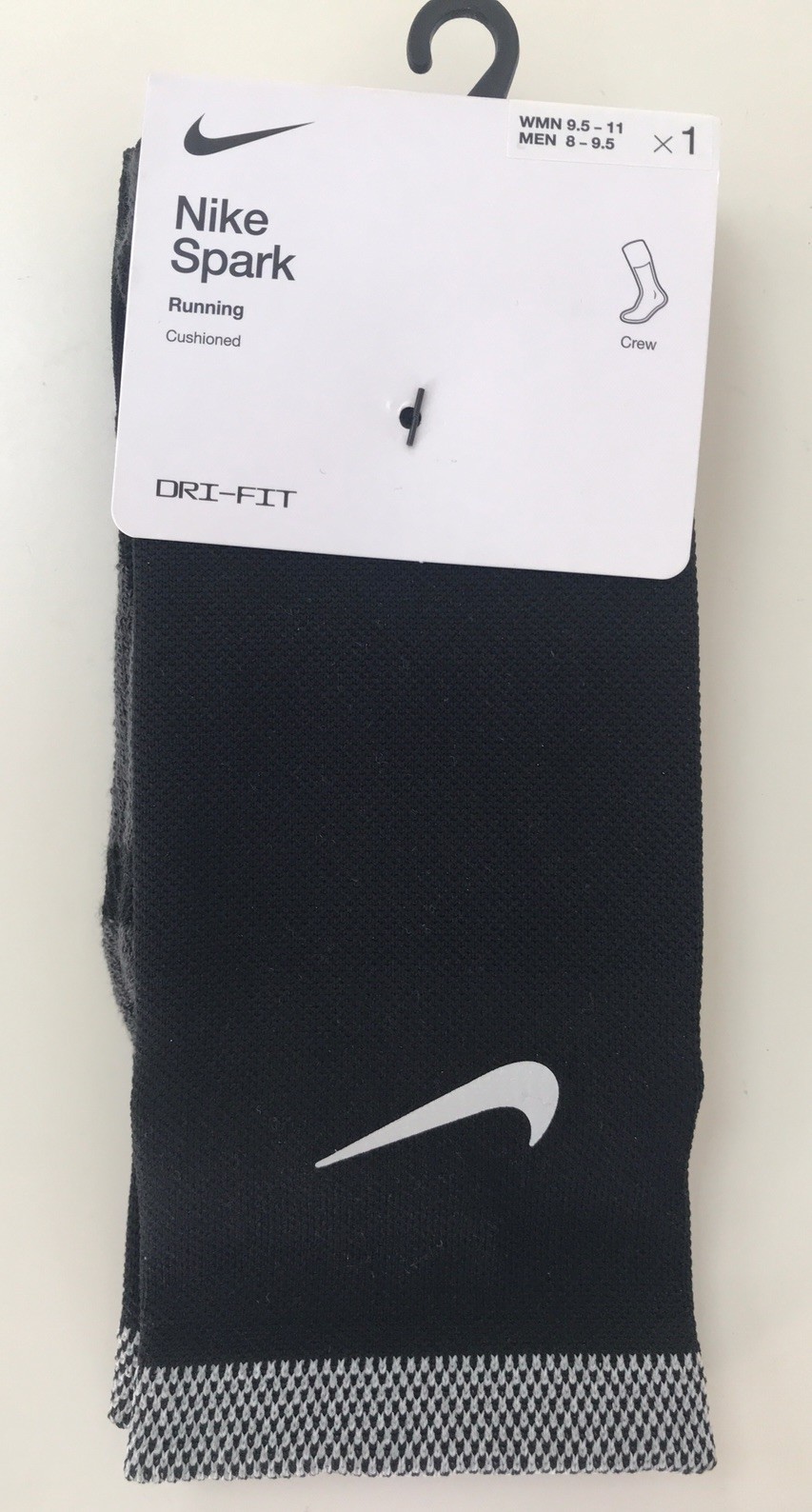 1 Pk Nike Spark Cushioned Running Crew Socks BLK Women 9.5-11 Men 8-9.5 DRI-FIT
