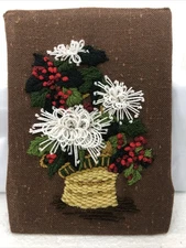 vintage jiffy stitchery crewel Mums And Holly Finished Not Framed 5”x7”