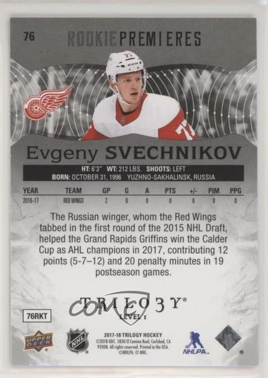 2017-18 Trilogy Premieres Level 1 Black Foil /99 Evgeny Svechnikov #76 Rookie RC - Image 2 of 2