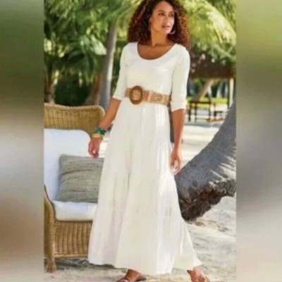 Soft Surroundings Thea Tiered Maxi Coastal Grandma Beach Dress Ivory Pearl Sz XL