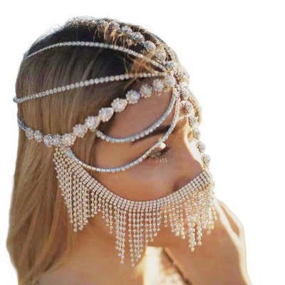 Sparkling Rhinestones Face Mask Chain Veil Headwear Costume Accessory for Party