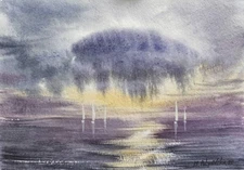 Original Artwork Modern Painting Landscape SEA SKY BOATS Seascape Arts Signed A5