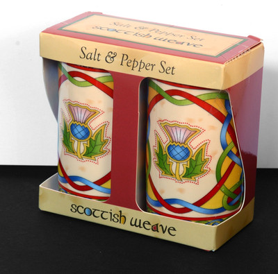 Clara Scottish Weave Salz & Pfeffer Keramik Cruet Set Distel Design. Neu unbenutzt