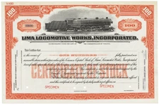 Lima Locomotive Works, Incorporated. Stock Certificate.