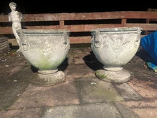 Pair of Vintage Cast Stone Garden Urns – Greek Grape Design – Weathered & Worn