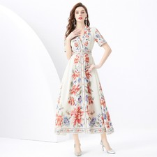 Women Holiday Floral Printed Suit Collar Belted A-line Short Sleeve Long Dress.
