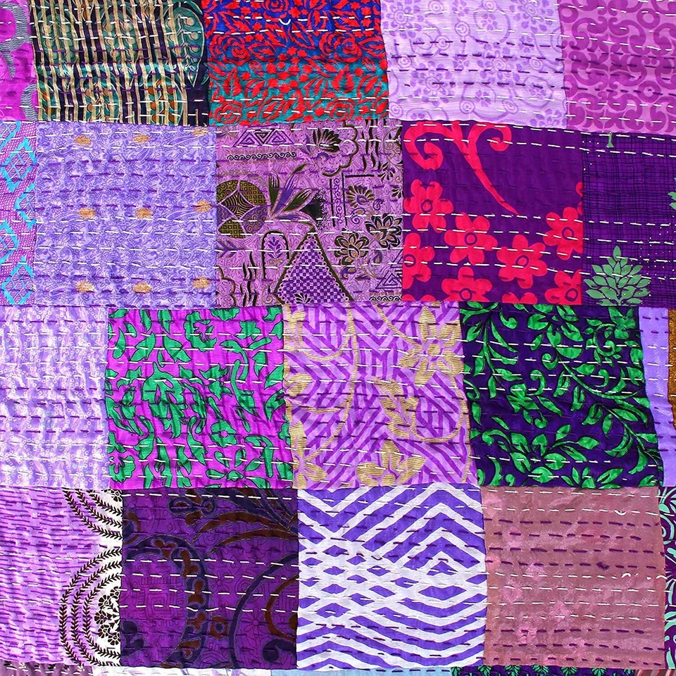 Silk Patola Patchwork Indian Handmade Kantha Quilt Throw Living Room Decor - Image 4 of 4