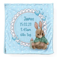 Baby Bunny - Blue - Personalised Extra Soft Luxury baby Blanket - 75cm x 75cm