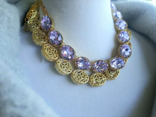 Chunky Riviere Necklace Lavender Purple Collet Anna Wintour Gold Crystal Jewelry - Picture 2 of 5