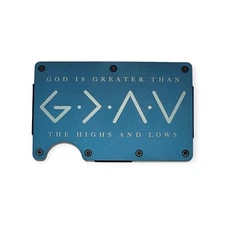 Engraved In USA, God Is Greater, Blue Slim Wallet, RFID Blocking Metal Christian