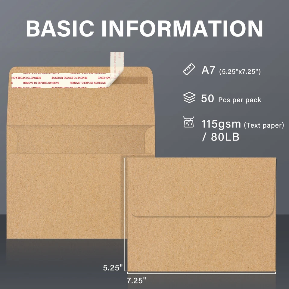 400 Sobres de Invitación Kraft 5x7 A7 para Tarjetas de Boda 5.25"x7.25" Auto Sello Foto 2 de 4