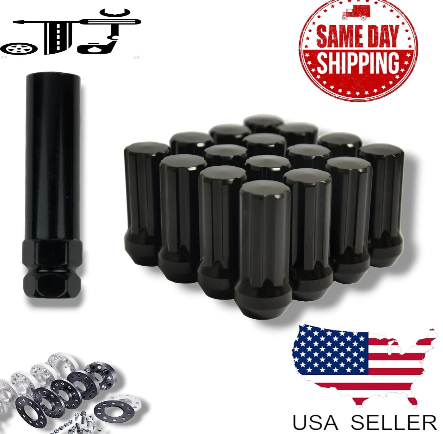 24Pc Black 2" Tall M14x1.5 Tuner Spline Lug Nut Chevy Silverado1500