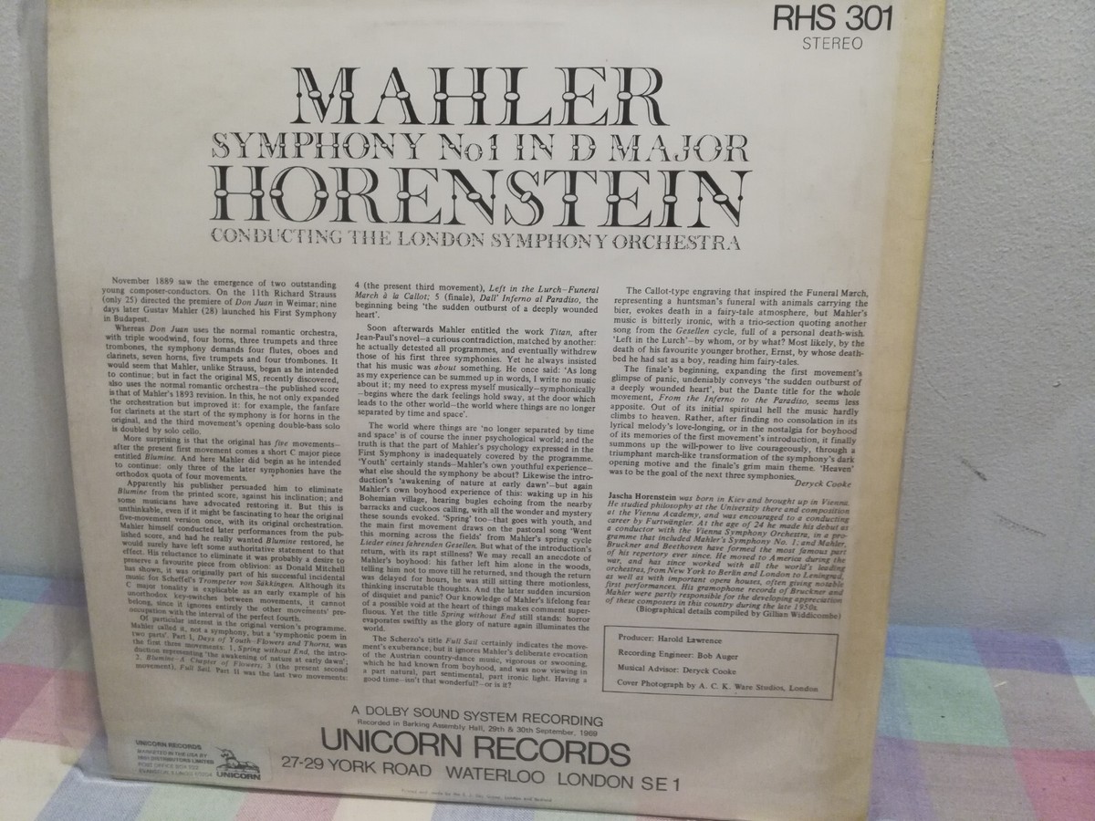 MAHLER Symphony No 1 JASCHA HORENSTEIN STEREO Lp UNICORN RHS 301