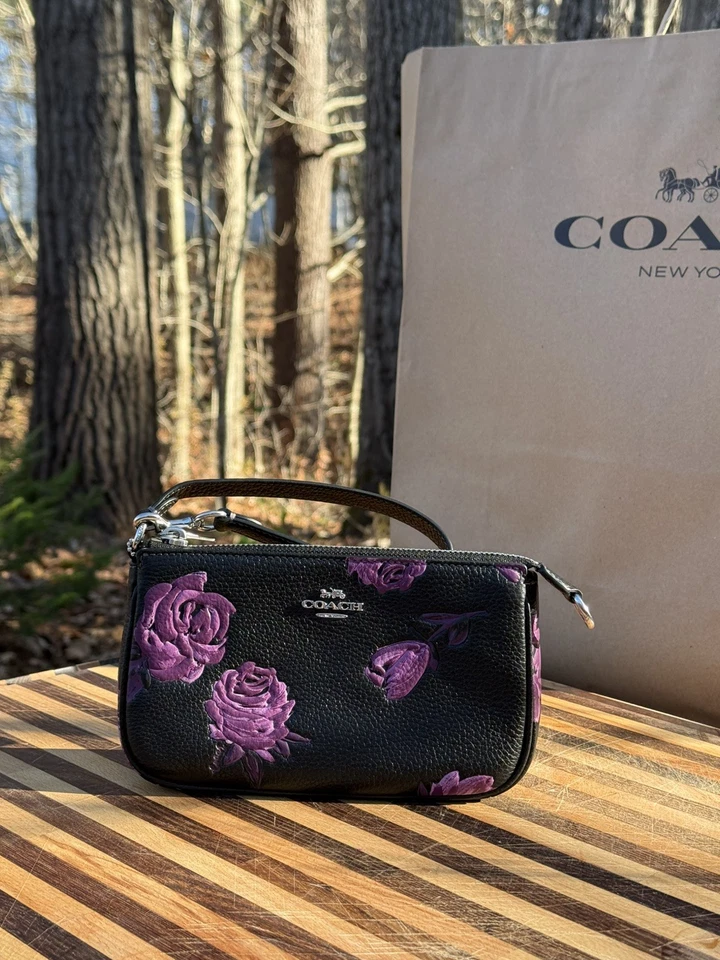 Nuevo con etiquetas Coach Nolita 19 negro con estampado floral púrpura y herrajes plateados Foto 3 de 3