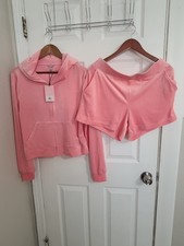 Juicy Couture Bling Velour Tracksuit Hoodie Short Set Flamingo Pink XL