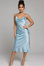 Bebe Satin Slip Dress Blue Cowl Neck Midi Spaghetti Strap Size Medium Party