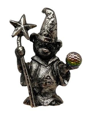 Pewter Wizard Teddy Bear with Staff/Star & Colorful Rainbow Crystal Ball 2'' Tall