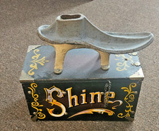 Antique Primitive Wooden Shoe Shine Box Caddy Cast Iron Foot Rest