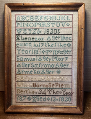 Vtg Alphabet Brith Marriage Cross Stitch Needlepoint Sampler Family History 1820