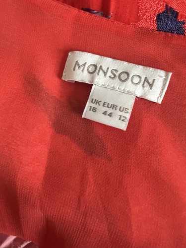 Monsoon Red Print Short Sleeve Midi Dress Size 16. Twist Neckline. Needs Repair - Picture 6 of 8