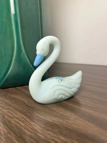 vintage Fenton glass blue satin hand painted floral swan figurine