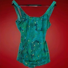 Jantzen Women's Swimsuit Skirted Watercolor Color Green Metalic Gold Accent 8
