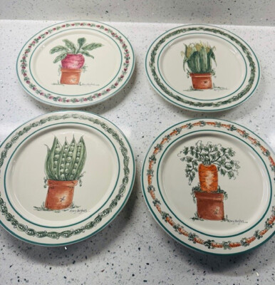 4 Otagiri Enesco Mary Hughes Dinner Plates/Peas, Carrot ,Corn, Turnip 10'' NEW
