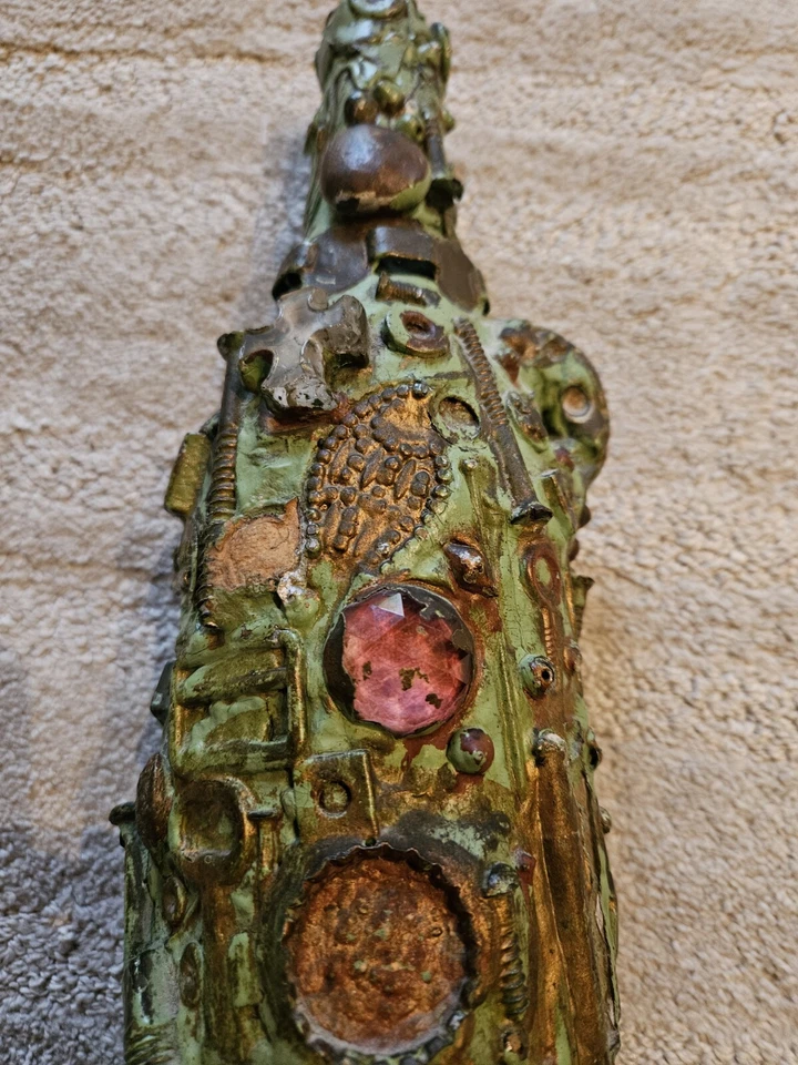 Rare 1940 Folk Art Memory Bottle Metal Pieces Shells Nails Bottle Caps Green... - Image 3 of 4