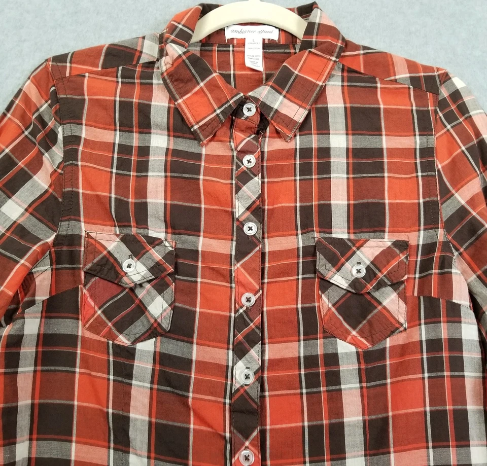 Camisa Ambiance Apparel Abotonada Mujer Grande L Cuadros Manga Larga Bolsillos Algodón Foto 2 de 4