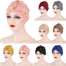 Indian Women Beads Turban Hijab Wrap Head Hat Muslim Hair Loss Bonnet Chemo Cap