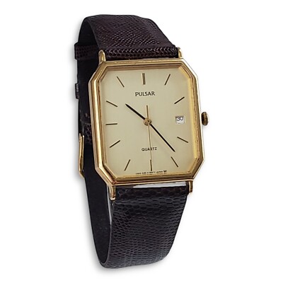 Vintage Men's Pulsar Quartz Gold Tone Watch Downing Teju Lizard Band V322-5130