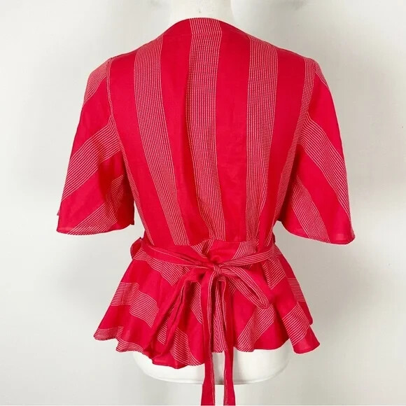 Ann Taylor LOFT Blouse Top Medium Womens Red Wrap Vneck Belted Short